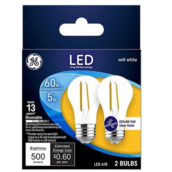 NEW GE 2 Pack 60W, 5W Soft White A19 Bulb Clear Classic Lightbulbs In Box - Picture 1 of 2